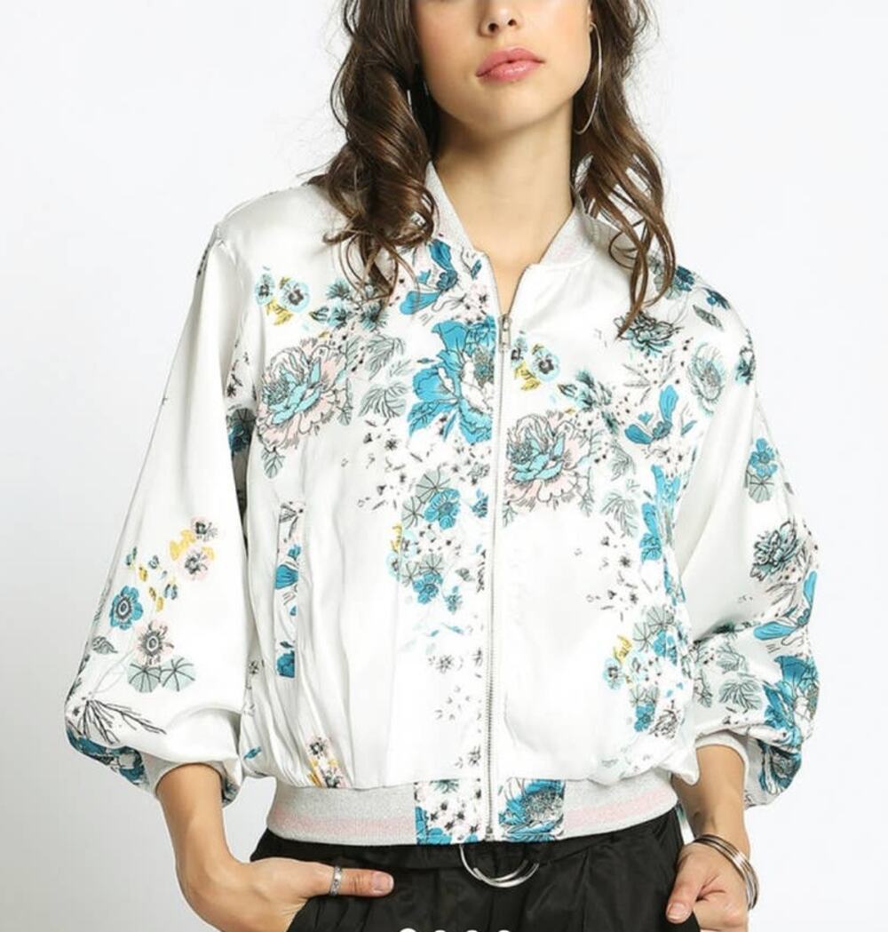 Sans Souci White Floral Satin Puff Sleeve Bomber Jacket - L